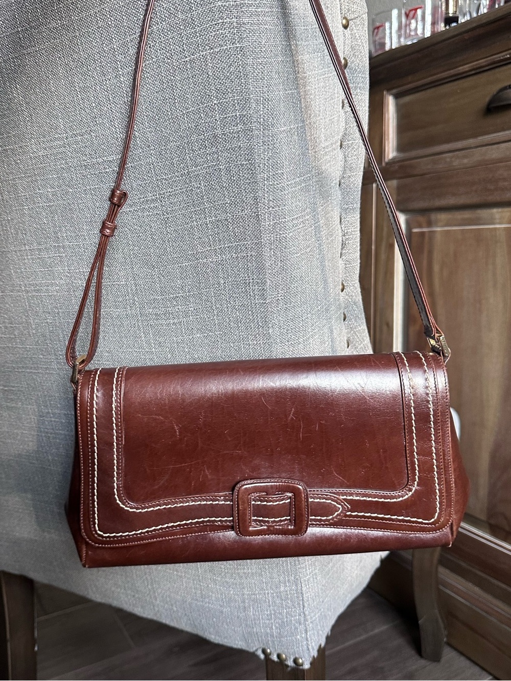 Vintage Ballin Italian Brown Leather Shoulder Bag with Contrast Stitching
